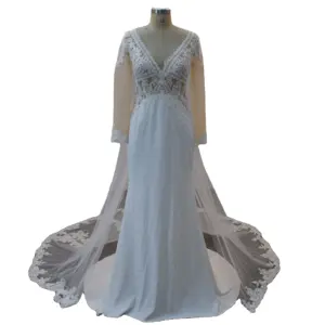Zarif dantel aplike gelin kıyafeti see-through uzun kollu v yaka düğün elbisesi çıkarılabilir dantel tül tren ile