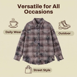 Chemise unisexe vintage grunge à carreaux, coupe ample, bords bruts, en flanelle, boutonnée, style streetwear décontracté - Product Image 6