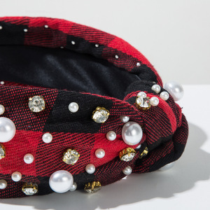 Custom Fashion Plaid Knot <strong>Headband</strong> for Women Girls Pearl Rhinestone Wide Hairband Christmas Holiday Party Accessories Headwear - Product Image 6