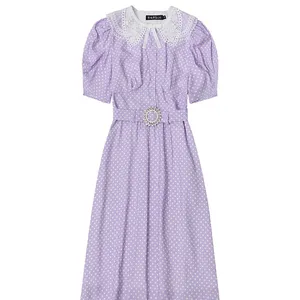 Lace doll collar puffy sleeve purple little man loose polka-dot cute dresses