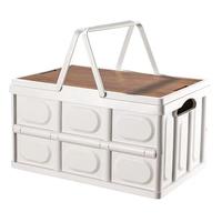 Caixa de Armazenamento Retangular Dobrável e Empilhável de Alta Resistência em PP/PVC com Tampa de Madeira 54x36x29cm para Camping ao Ar Livre