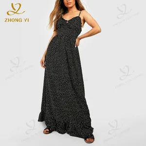ODM OEM Service Women Summer Casual Floor Length Polyester Sleeveless Fashion Dot Ruched Bust Frill Hem Maxi Dresses For Party