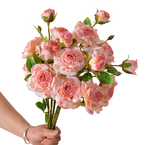 Arrangement floral artificiel en soie, Rose Fleurie, branche unique multi-têtes, bords brûlés faits main - Product Image 4