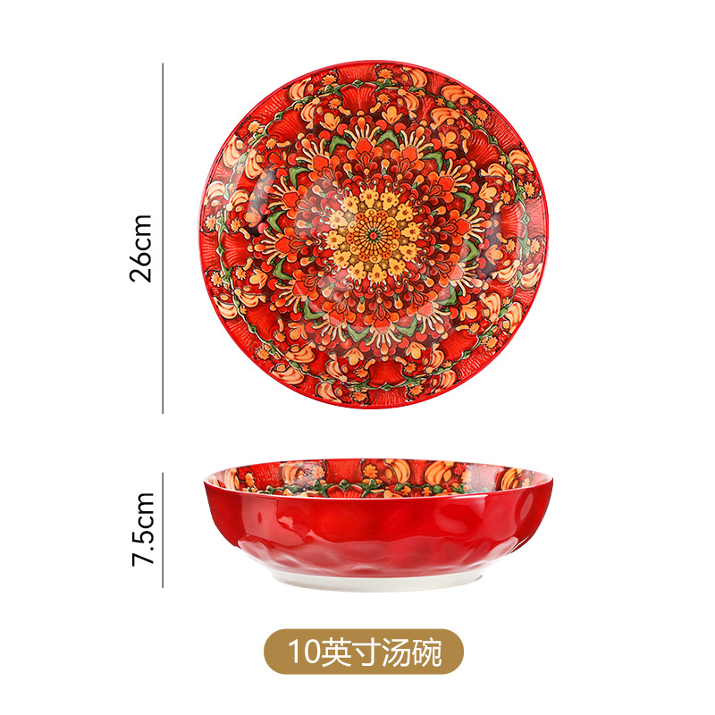 Tazón de sopa de 10 pulgadas con diseño de flor roja.