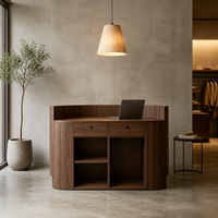 Comptoir de réception incurvé en noyer, comptoir de caisse en bois de noyer avec deux tiroirs et rangement ouvert, OEM ODM, taille personnalisée