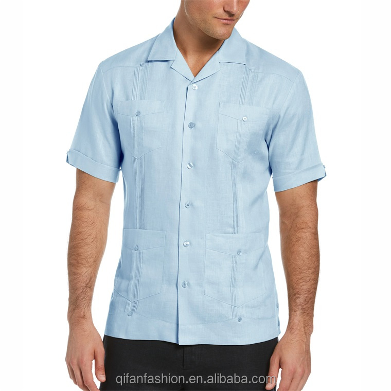 Grande chemise homme Cubavera beige + plaid kaki garniture lin rayonne