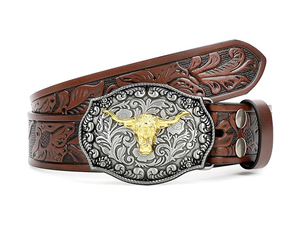 Longueur personnalisée <span class=keywords><strong>ceinture</strong></span> en <span class=keywords><strong>cuir</strong></span> véritable vintage occidentale pour hommes design de cowboy gravé décontracté avec <span class=keywords><strong>boucle</strong></span> en acier pour pantalon en jean - Product Image 5