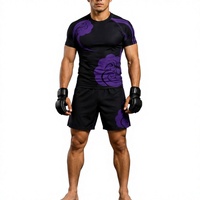 Ensemble Rash Guard MMA noir imprimé par sublimation, ensemble de yoga à col rond, manches courtes, shorts, séchage rapide, vêtements de compression 2 pièces