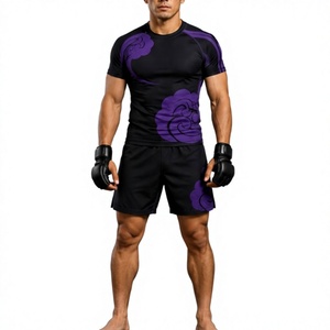 Black MMa Rash GUard set Sublimation Printed Yoga Set Crew Neck <b>Short</b> Sleeve <b>Shorts</b> Quick Dry 2 Piece <b>Compression</b> Wear - Product Image 3