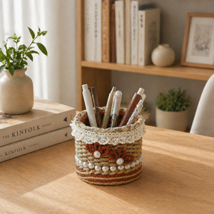 Porte-stylo en corde de chanvre tressée à la main, panier de rangement rond pour bureau avec perles et dentelle, pour le bureau ou l'école - Product Image 2