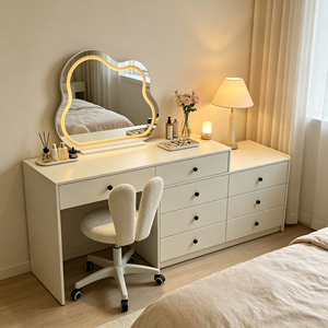 Coiffeuse moderne blanche avec miroir LED en forme de nuage, armoire de rangement et chaise pour chambre à coucher - Product Image 4
