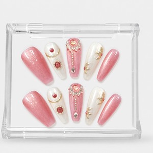 Uñas Postizas con Brillo Rosa y Blanco, Gel UV, Diseño Floral con Cuentas de Cristal, para Salón o Uso Personal - Product Image 5