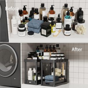 Sink Organizers and Storage, 2 Pack Pull Out Kitchen Bathroom Cabinet Organize,<strong>Under</strong> Counter Storage Organizer with Hooks - Product Image 4