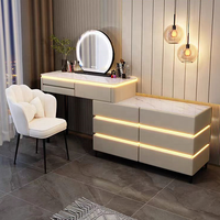 Table de maquillage intelligente moderne avec plateau en marbre, miroir sur pied, panneau en bois, table de toilette avec rangement pour chambre de fille