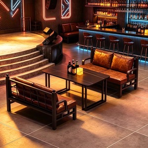 Conjunto de Sofás de Cuero PU Marrón Vintage para Restaurante, Mesa de Comedor de Metal Negro, Muebles de Comedor para <span class=keywords><strong>Bistro</strong></span>, Bar, Cafetería - Product Image 3