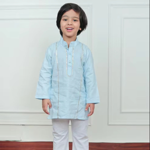 Ensemble Kurta Pyjama en Coton Bleu Clair pour Garçons, Tenue Traditionnelle Ethnique pour Enfants, Idéal pour Fêtes et Mariages, Vêtement d'Été Confortable - Product Image 1