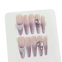 Faux ongles à presser faits main, dégradé violet taro printemps-été, avec franges argentées, bijoux de luxe, réutilisables, vente en gros