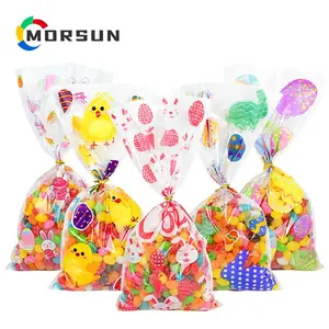 MorSun 50pcs Easter Egg Bunny Chick Carrot Printed Pattern Clear Plastic Candy Goodies Bags for Easter Day Party Supplies