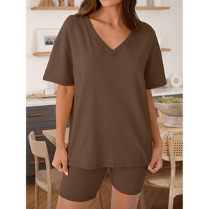 Womens Two Piece Lounge <b>Set</b> Short Sleeve V Neck Tops Shorts Matching Casual Spring Summer Outfits Breathable <b>Knitted</b> <b>Set</b> - Product Image 2