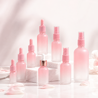 Flacon cosmétique en verre rose givré pour huile essentielle, sérum et emballage de soins de la peau, avec compte-gouttes et vaporisateur, de 5 ml à 100 ml