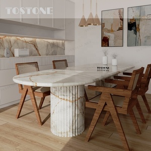 Mesa de Comedor de Mármol Natural Pulido Tostone en Tono Rosa para 4 Personas, para el Hogar, Apartamento, Villa, Decoración de Interiores del Comedor - Product Image 4