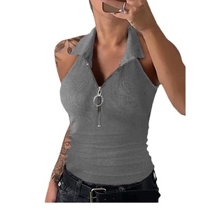 Private Label <b>Women</b> Ribbed Knit Tank <b>Top</b> <b>Zip</b> <b>Up</b> Spring Summer Casual <b>Top</b> Screen Printing Logo - Product Image 4
