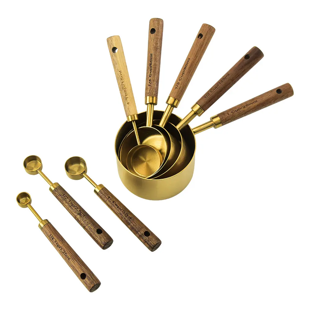Ensemble de 8 tasses et cuillères à mesurer en acier inoxydable doré et cuivre avec manche en bois d'acacia