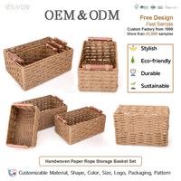 Ensemble de paniers de rangement en corde de papier tressée à la main de haute qualité, 3 pièces, avec poignées en bois, écologiques, organisateur de cuisine et de maison, personnalisable