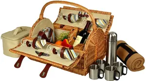 Jy Rotan Wijnwilg Houten Top Rieten Picknickmand Set Met Houten Handvat En Deksel Voor 4 Personen