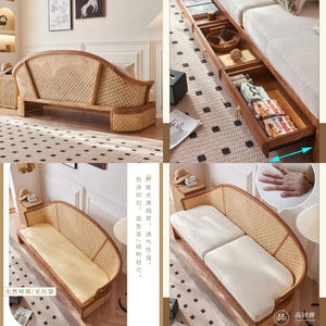 Lüks Villa oturma odası salon sandalye sehpa seti otel tatil el dokuma doğal Rattan kül ahşap kanepe çekmece depolama ile - Product Image 6