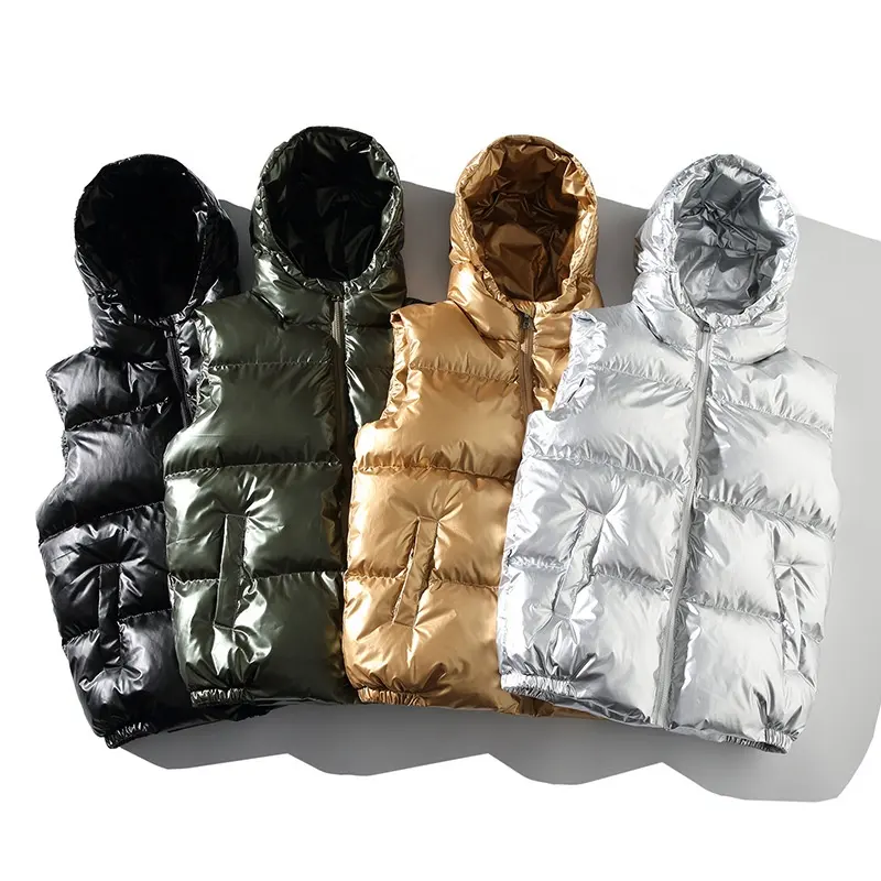 Gingtto Wholesale Winter Shiny Coat Outer Wearノースリーブパッド入りカジュアルメンズジャケットベストフード付き暖かい屋外チョッキ男性用