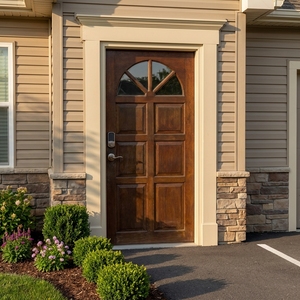 Puerta de Entrada Principal de Madera Sólida de Nogal Oscuro Estilo Americano con Inserto de Vidrio con Ventilador y Cerradura Inteligente - Product Image 4