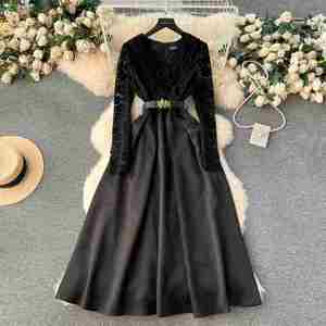 Vestido Maxi Elegante de Otoño para Mujer, Talla Grande, Cuello en V, Manga Larga, Estilo Imperio, con Parches de Encaje, Antiestático y Ecológico - Product Image 2