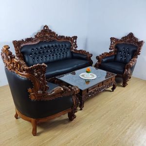 Ensemble de canapés de style européen de luxe en teck Sagwan indien de qualité supérieure, avec un design rétro sculpté à la main et un tissu royal. - Product Image 3