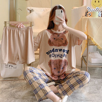 Ensemble de Pyjama Femme 3 Pièces Été Fin Doux Vêtements de Nuit Imprimé Dessin Animé Homewear T-shirt + Short + Pantalon Tenue Décontractée