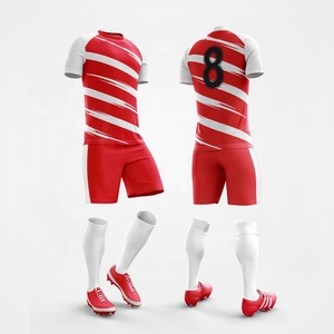 Uniforme de Fútbol Personalizado Unisex, Rojo y Negro a Rayas, Cuello en V, Manga Corta, Poliéster que Absorbe la Humedad, Impresión Digital, Cintura Elástica - Product Image 3