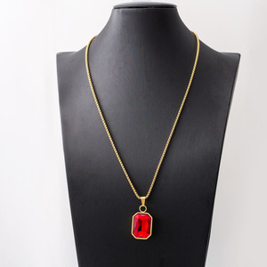 yunnique Trendy Pendant <b>Necklace</b> Gold Hexagon <b>Ruby</b> Geometric Stainless Steel Men's Jewelry Gift - Product Image 2