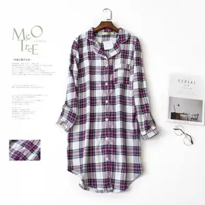 C2 Mid-Long 스타일 Sleepshirt 파자마 버튼 다운 남자 친구 Nightshirt 여성 100% 코튼 잠옷