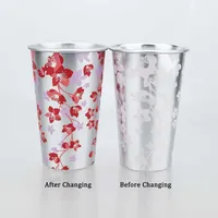 Ensemble de tasses en aluminium de 470 ml à motif de fleurs de cerisier, changeant de couleur, légères, pour café et boissons froides, boîte cadeau pour la maison et le bureau