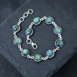 925 Sterling <b>Silver</b> Labradorite Gemstone Ball-Shaped Bezel Setting Unisex Elegant Crystal <b>Bracelet</b> & <b>Bangles</b> - Product Image 3