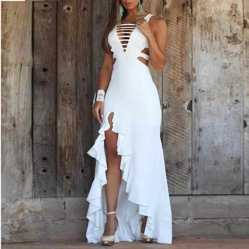 Women polyester Solid Sleeveless Ladder Cut Out Irregular Ruffles Dress hidden side zipper closure floor length banquet dress