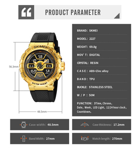 Montre numérique de sport SKMEI 2227, nouvelle, étanche 50 m, 3 zones, chronomètre, alarme, 3 options de couleur : or, vert, noir - Product Image 6