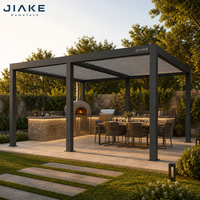 Pergola à lames orientables en aluminium Jiake avec four à pizza extérieur et comptoir de préparation en pierre pour cuisine de jardin, espace repas et bar