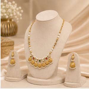 Gold Beaded Necklace and <b>Earring</b> Set Pearl and Gemstone Choker Jhumka Jewelry for Women Gift Ceremony Wear - Product Image 5