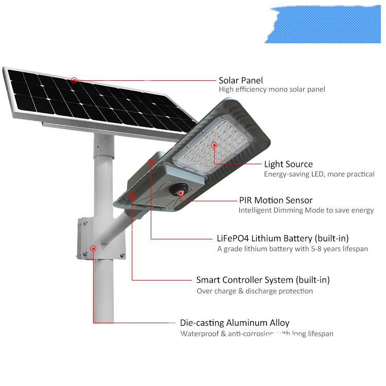50W High Brightness Lithium Battery Energy Saving 3030 Chips led solar street light