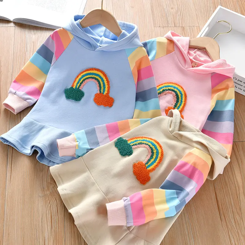 Girls Party Sweater Dress New Brand Princess Dress Rainbow Colorful Kids Girl Dresses Sweet Hooded Children Clothing