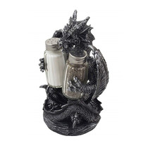 Ensemble salière et poivrière en résine lavable, fait main, motif dragon médiéval, en argent antique, avec support pour bouteilles