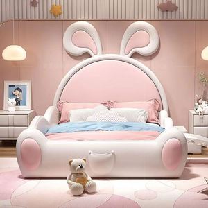 เตียงสไลด์หูกระต่ายสีชมพู ไม้เนื้อแข็ง หรูหราเบาๆ เฟอร์นิเจอร์ห้องนอนเจ้าหญิงสำหรับเด็กผู้หญิง - Product Image 3
