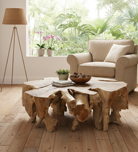 Mesa de centro de raíz de teca orgánica, hecha a mano con madera de teca maciza y tapa de vidrio, que ofrece durabilidad, valor artístico y elegancia. - Product Image 6