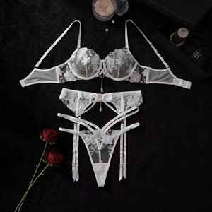 Chuangerm in Stock Bride Lingerie Pendant <strong>Lace</strong> Embroidery See-through Bra Garters Underwear White 3pcs Lingerie Women - Product Image 5